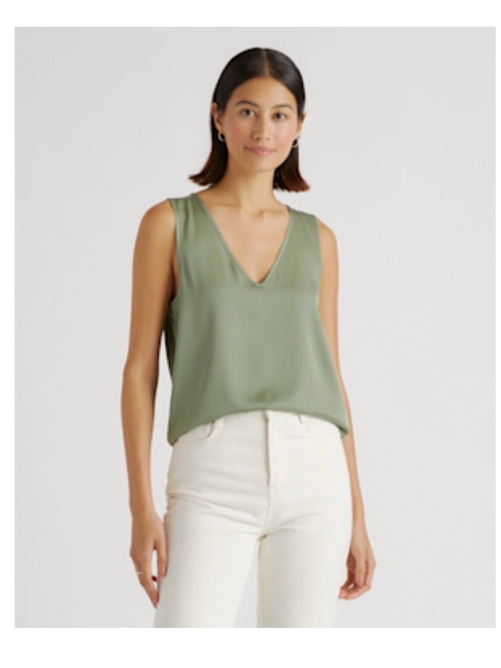 Quince Washable Stretch Silk V Neck Tank in Moss Green